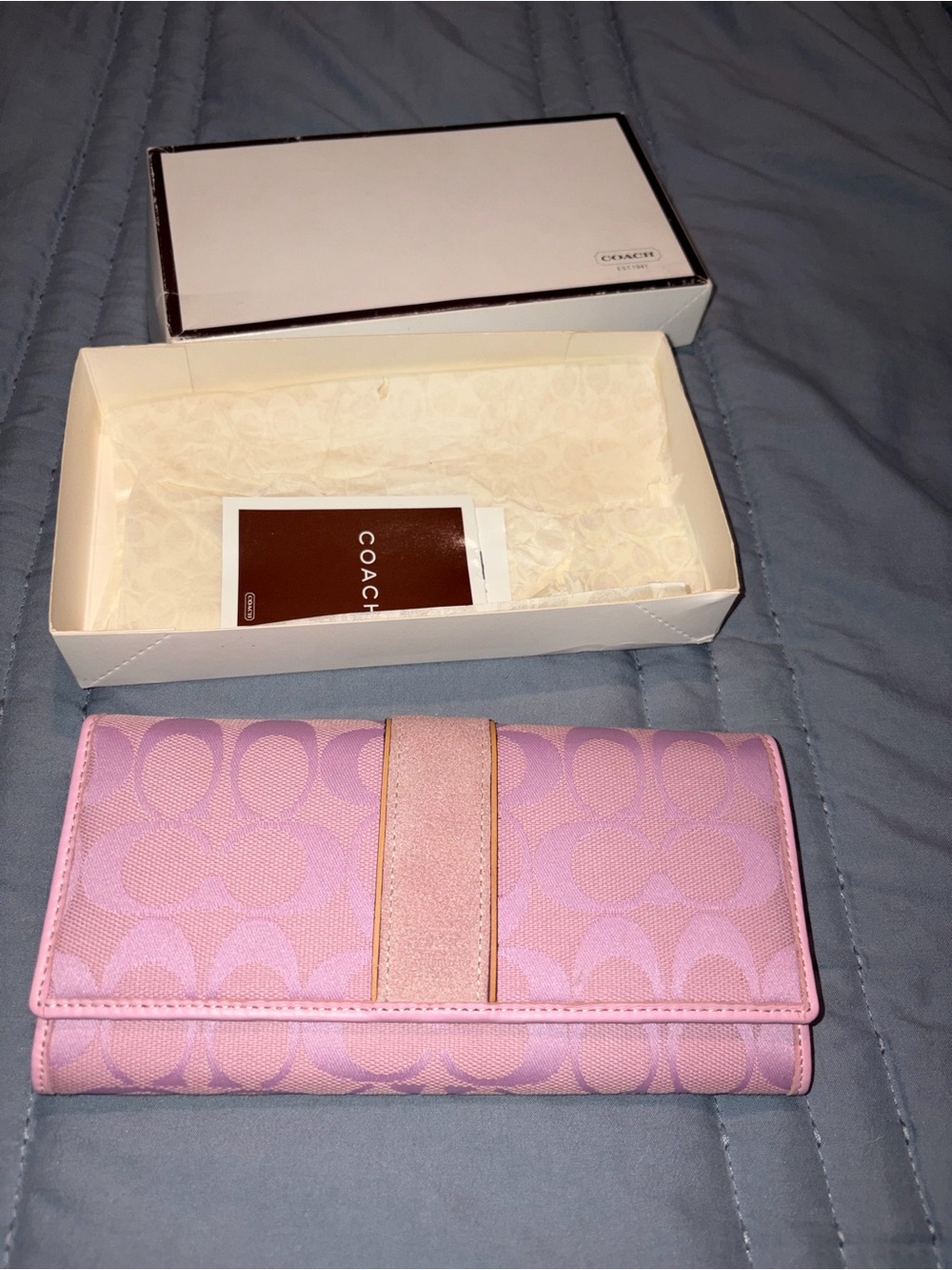 Coach Pink Signature Continental Wallet with Suede Accent